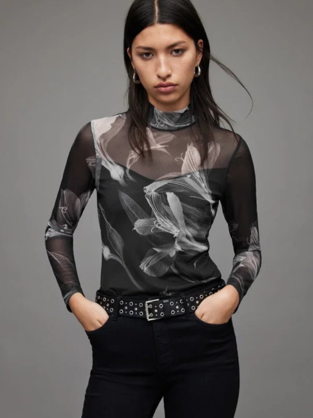 AllSaints Black Sheer Floral Mock-Neck Bodysuit